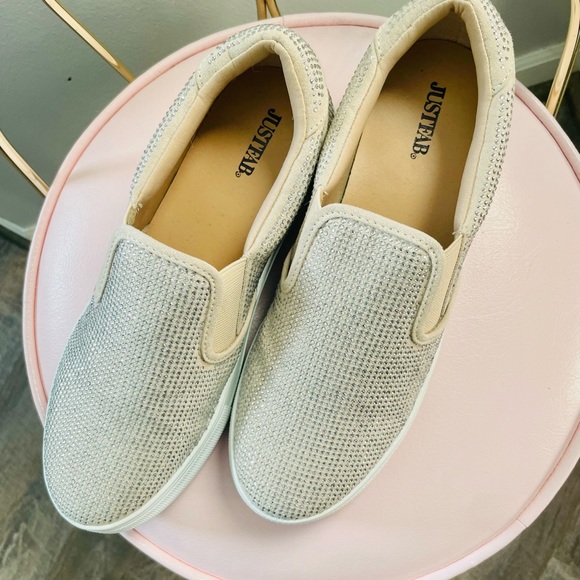 Never worn Just Fab glitter slip on canvas shoes. - Picture 2 of 3